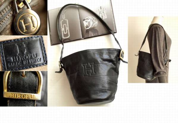 1円/HIROFU ヒロフ★Hマーク本革ミニバケツ型バッグ/布袋付
