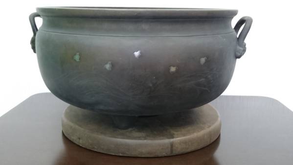 ☆【銅器】銀象嵌浜地鳥 耳付大香炉/銅製火鉢・手あぶり☆