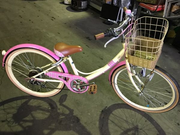 24インチ 子供用自転車★ピンク×チェック柄　中古/岐阜　(Y)