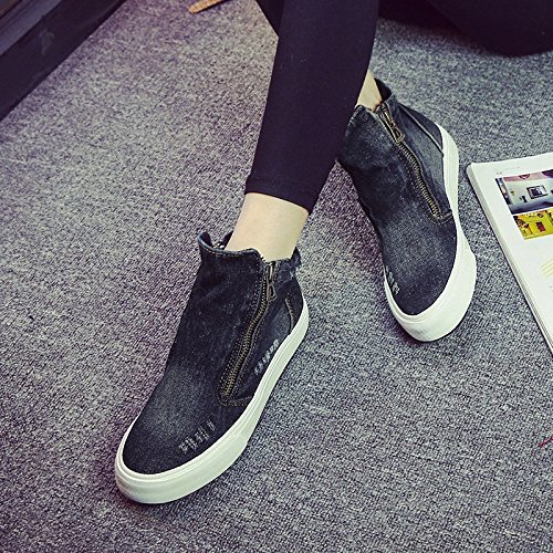 新品デニム地レディーススニーカー厚底靴ハイカット黒24.0