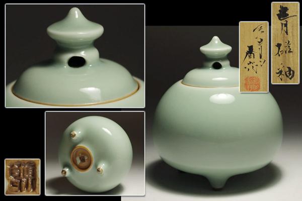 ∇花∇世界が認めた名工「真葛香山」作 青磁釉三足香炉 共箱付 真葛