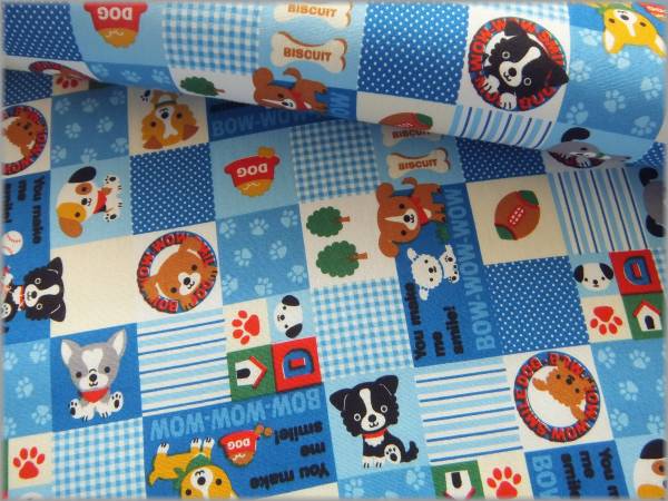 mets★7m*子犬パッチ柄*CBポプリン*blue*コットン*生地布地11A