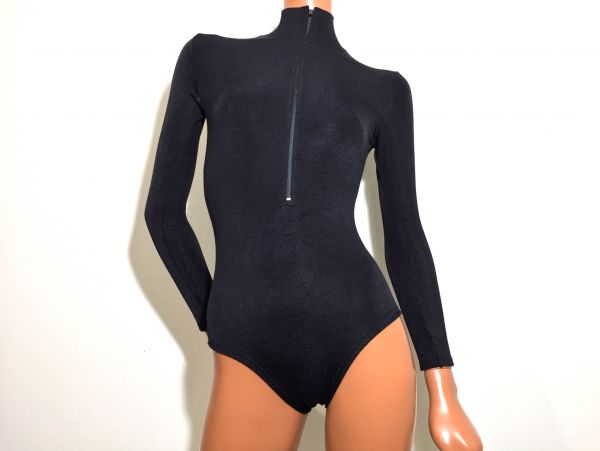 USA製レオタードS女子ブラックタートルネックフロントジップ長袖