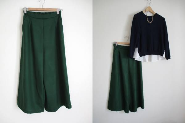 ハンドメイド☆ウールサキソニー 後ゴム ガウチョパンツ 緑 M