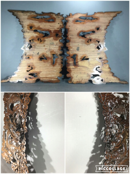 双竜 唐木 木彫 壁飾 双龍 1対 中国美術インテリア 木製12a 木彫り