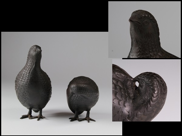 ［蔵出/時代金工師匠造/銅製/鶉置物655ｇ/460ｇ/517