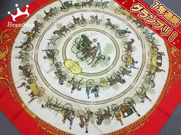 エルメス スカーフ 美品 カレ レッド×白×マルチ 馬車 HERMES