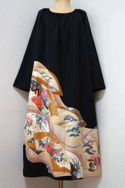 ワンピース 黒留袖 リメイク ドレス 和洋折衷 洗える 化繊 着物 着物