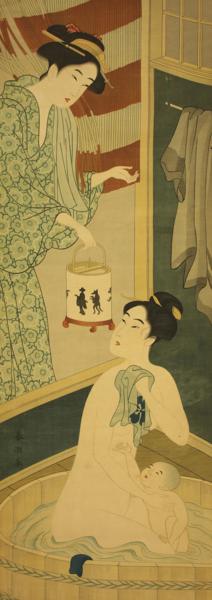 掛軸・書画 【美人画】 江戸期浮世絵師 勝川春潮 象牙 印刷 y273 | も