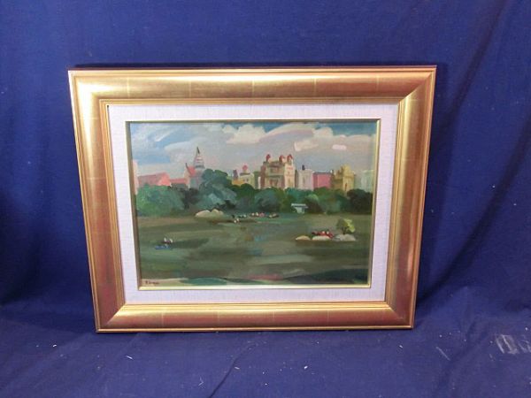 油彩 須賀卯夫 作 「ニューヨーク・セントラルパークの池」(ボード