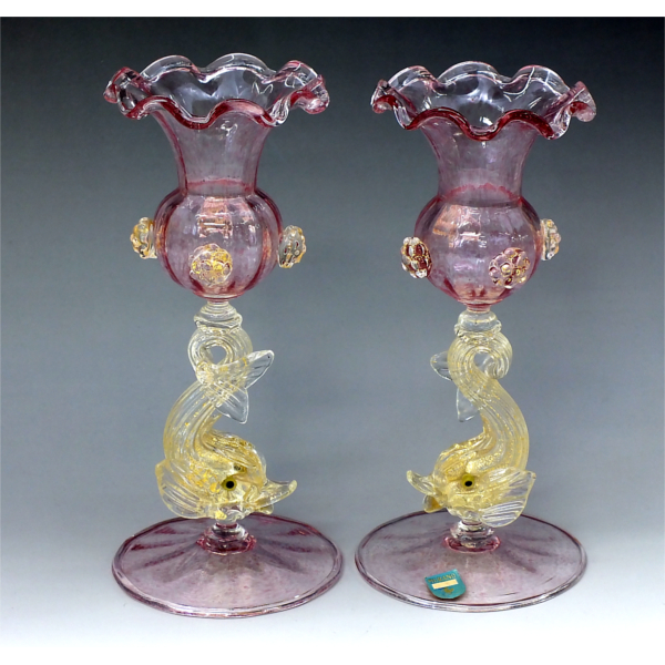 ヴェネチアングラス ムラノガラス●金彩イルカワイングラスペア