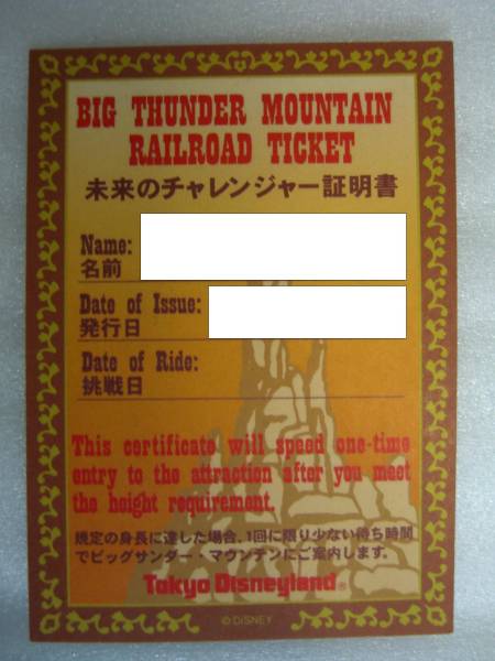 2009年女の子記名ビッグサンダーマウンテン　チャレンジャー証明