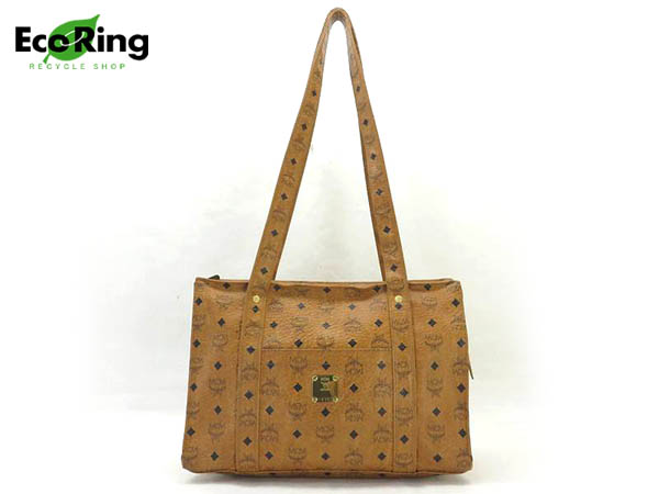 1円 MCM ロゴ柄 ファスナー開閉 レザー ショルダーバッグ ブラウン BR440