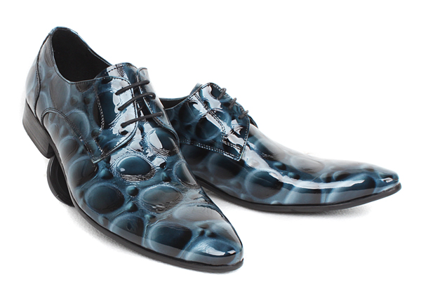 クロコダイル型押しエナメル本革ドレスシューズブルー★24.5