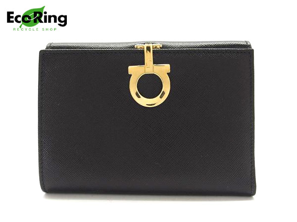 1円 フェラガモ ガンチーニ Wホック レザー 二つ折り 財布 ブラック BV820