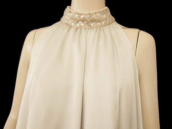 Q美品★GRACE CONTINENTAL*グレースコンチネンタル★グレージュ系★たっぷり煌きビジュー★リボン付き♪ドレスワンピース★36号(Sサイズ)