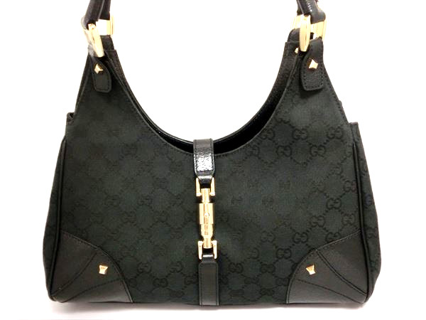 新品同様1円 グッチ ニュージャッキー ショルダーバッグ レザー×GGキャンバス スタッズ 黒 ピグスキン ブラック ハンド