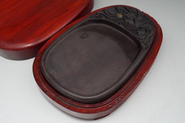 さ957☆古硯 端渓硯 石眼 刻雲鳳凰紋浮彫 唐硯