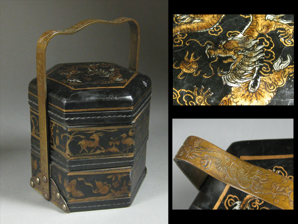 【古玄社】宮廷美術　清朝期革張黒漆塗金絵龍花蝶鹿蝙蝠宝尽文銅持手蒔絵六角／二段菓子重箱　CJ3227