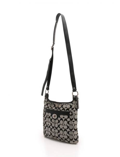 【中古】美品 COACH コーチ ショルダーバッグ シグネチャー F16536 ブラック×グレー キャンバス 【本物保証】