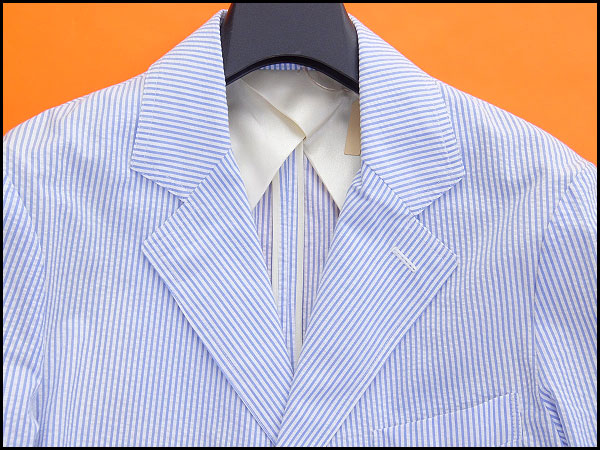 新品 スキャッティ 春夏ストライプ柄シアサッカージャケットM白青★J24655 SALE