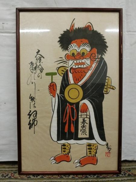 大津絵　金太郎　松山(検　紙本　肉筆　捲り E04168 大津絵 ○堂銘 「鬼の念仏」 肉筆紙本 額装