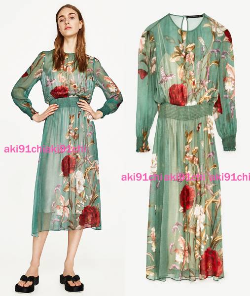 今季17SS★ZARA ザラ 花柄フラワープリント ミディ丈ワンピース ルーズギャザードレス 春新作 人気完売 Mサイズ