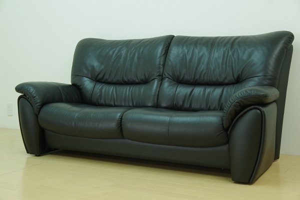 美品 maruni マルニ 座面本革 モダンワイド2Pソファ トリプルソファ 2人掛け ブラック リビング 応接 レザー 3人掛け 検)カリモク