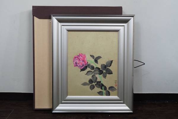 む885☆日本画 森緑翠作 「薔薇」 8号 額装 タトウ箱入 院展 文展