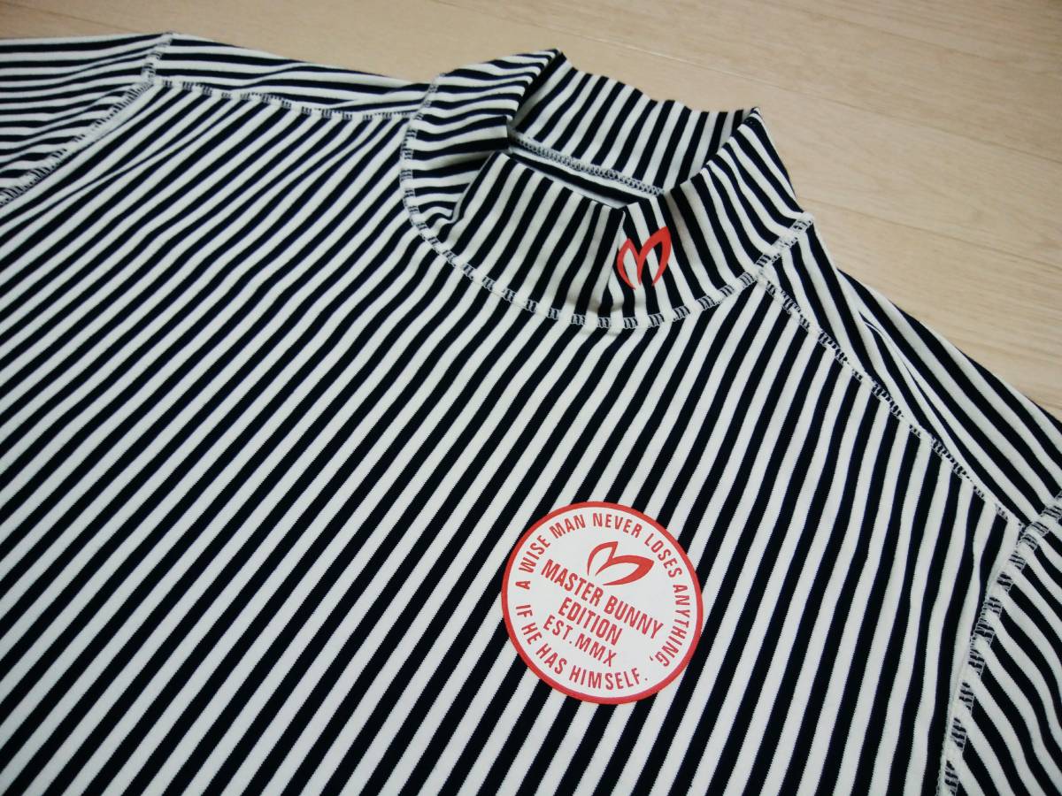 新品　PEARLY GATES　パーリーゲイツ　マスターバニー　ハイネック半袖シャツ　ストライプ　吸汗速乾　UVカット　ネイビー　size4　正規品