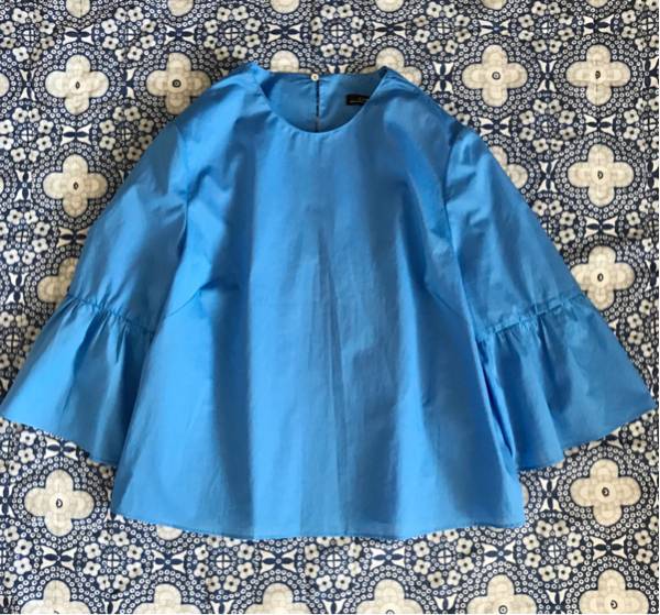 ZARA WOMAN 八分袖 ブラウス フリルスリーブ 青 コットン 綿 バックボタン M