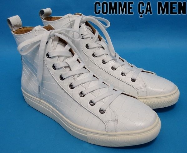 新品3.9万★コムサメン 本革オールレザー クロコ型押し ハイカットスニーカー25★白