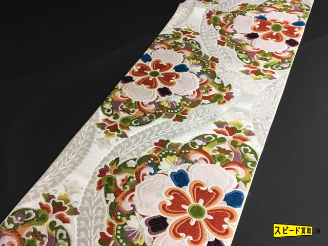 付け帯 美品 秀品 作り帯 入子菱 草花 金銀糸 箔 クリーム 正絹 【中古】