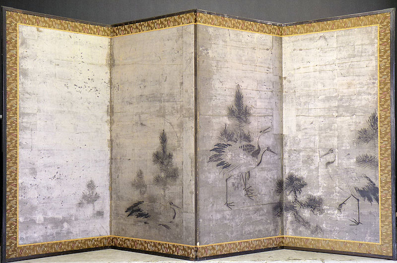 【都屋】銀台肉筆松鶴図 水墨画 屏風 四曲半双 無落款