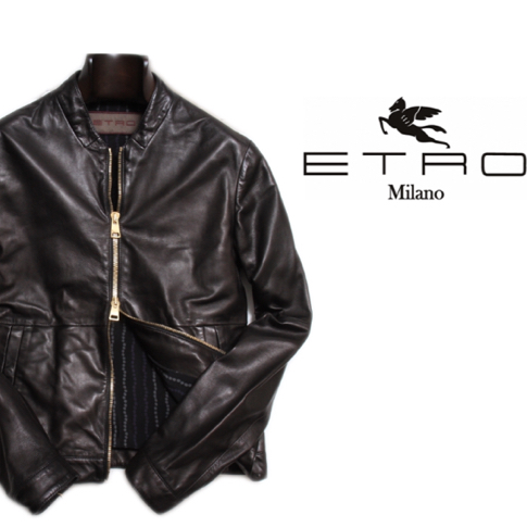 新品【ETRO】滑らかな羊革 シングルレザー ジャケット ライダース ブラック メンズ エトロ直営店購入品