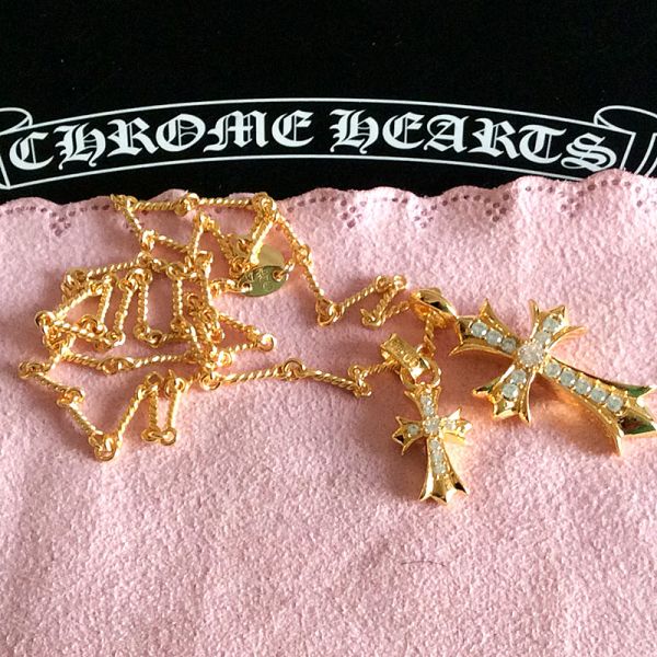 中古品CHROME HEARTS クロムハーツクロムハーツ 22k加工 PAVEDIAネックレス☆ダブルCHクロス45cm