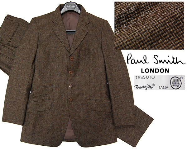 定価8万 美品 ポールスミスロンドン Paul Smith LONDON x Marzotto イタリア製生地 千鳥格子柄 4つボタン 高級モッズスーツ/茶