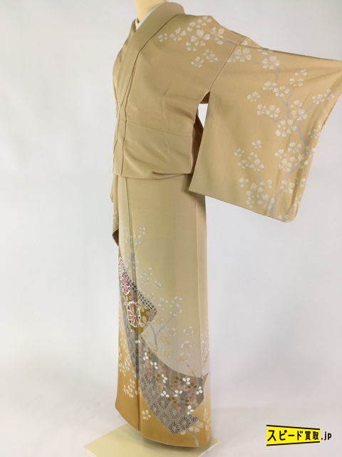 スピ買□ 着物 1円 名品 訪問着 ベージュ 熨斗文 萩 桜 一つ紋 正絹 袷 