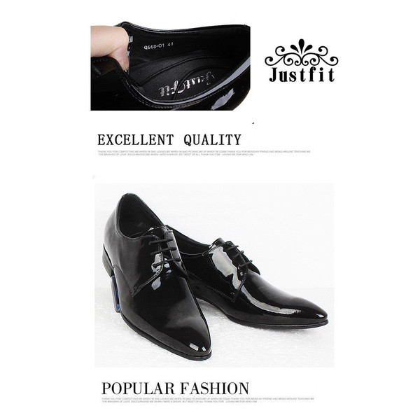 新品！送料無料　本革　エナメル　シークレットシューズ　ビジネスシューズ　身長高　ロングノーズ　ドレスシューズ　ブラック ◇24.5