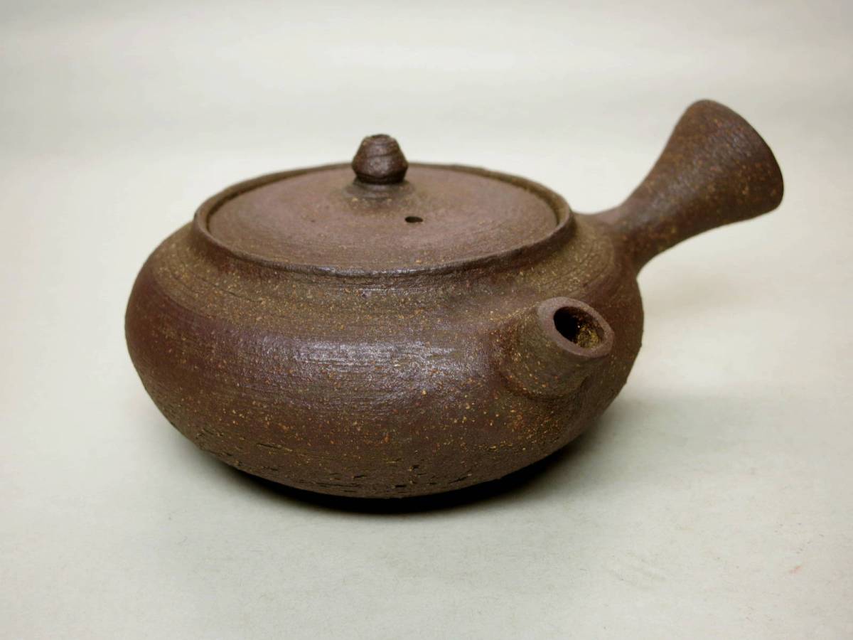 骨董大好き§ 二代笹岡春山造 梨地平丸形急須 希少美品 使用感なし 名品