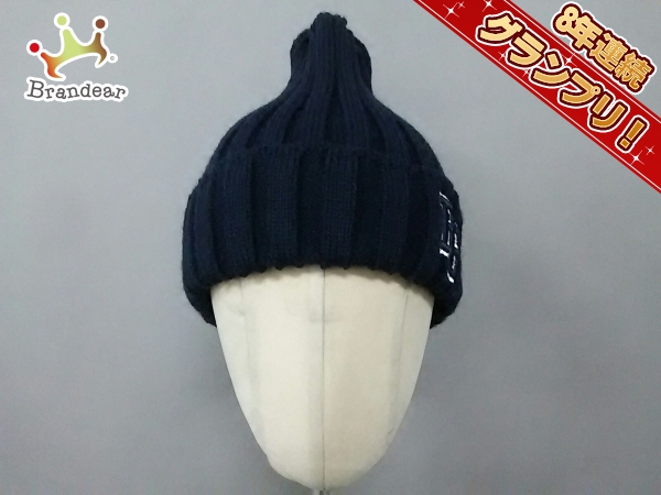 パーリーゲイツ PEARLY GATES 帽子 ニット帽 アクリル×ウール ダークネイビー×白 美品