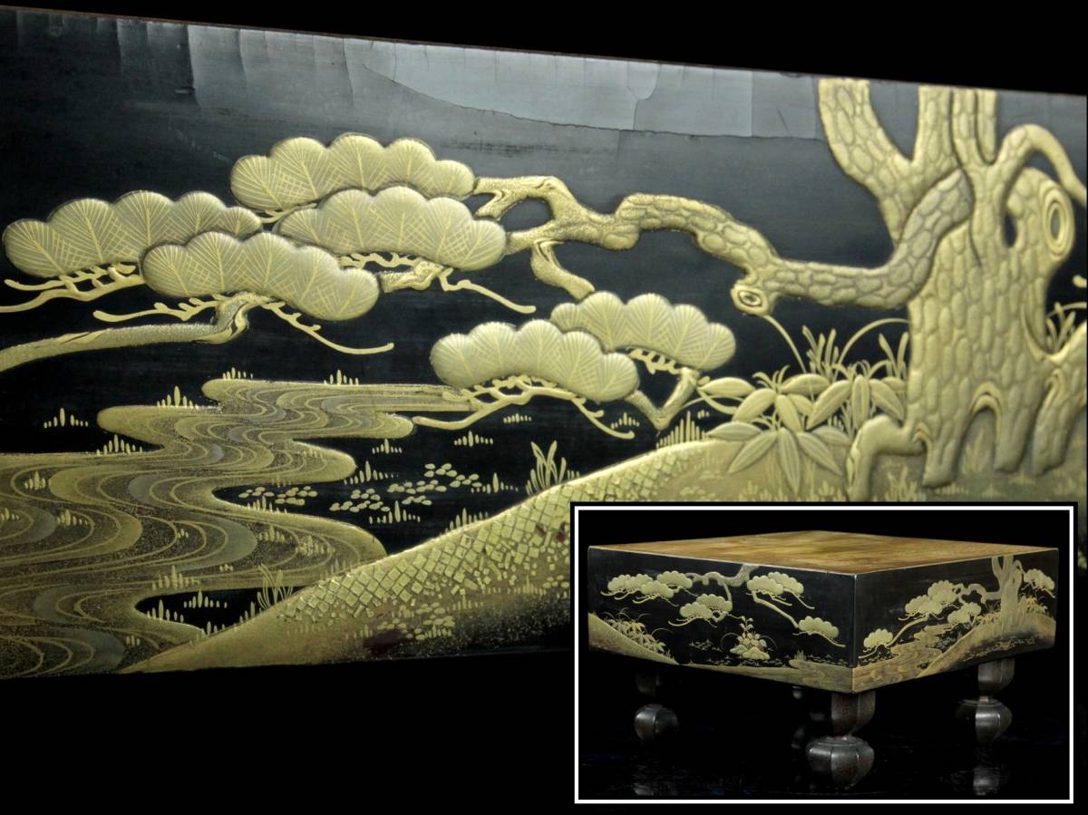 ◆櫟◆ 古美術品 松竹梅図黒漆金蒔絵将棋盤 梨地 足付 [N171]PS