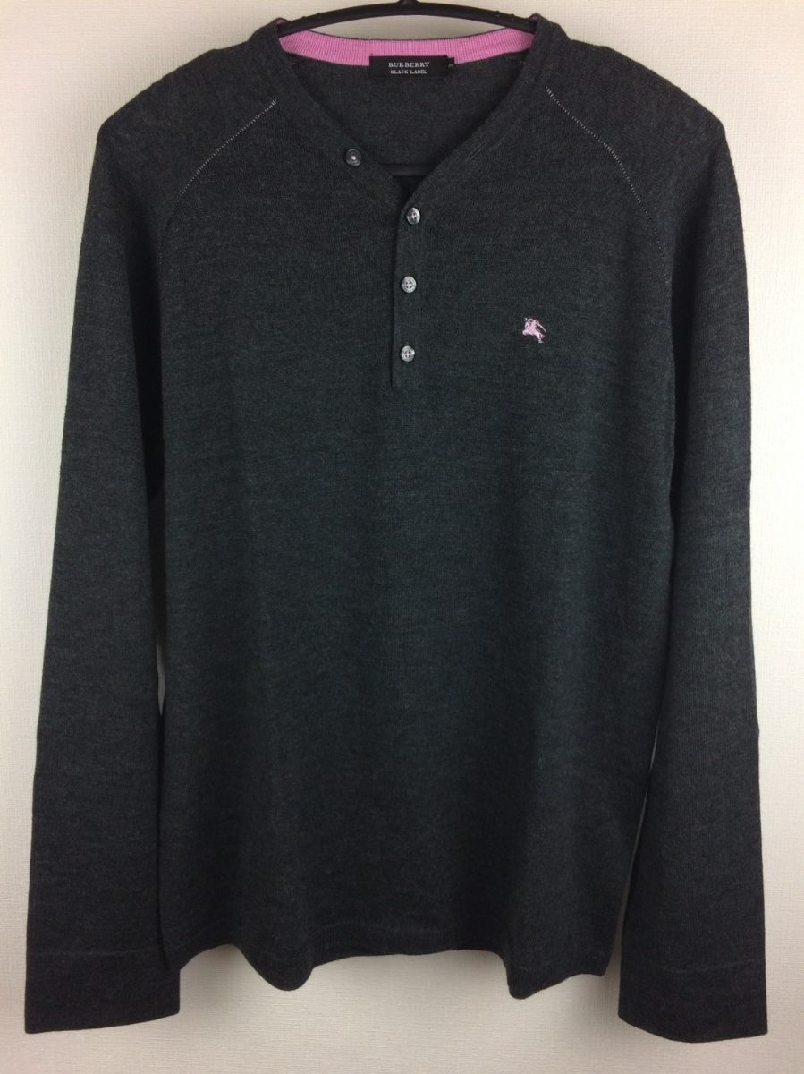 美品 BURBERRY BLACK LABEL 長袖ヘンリーネックニット チャコールグレー サイズ3 返品可能 送料無料