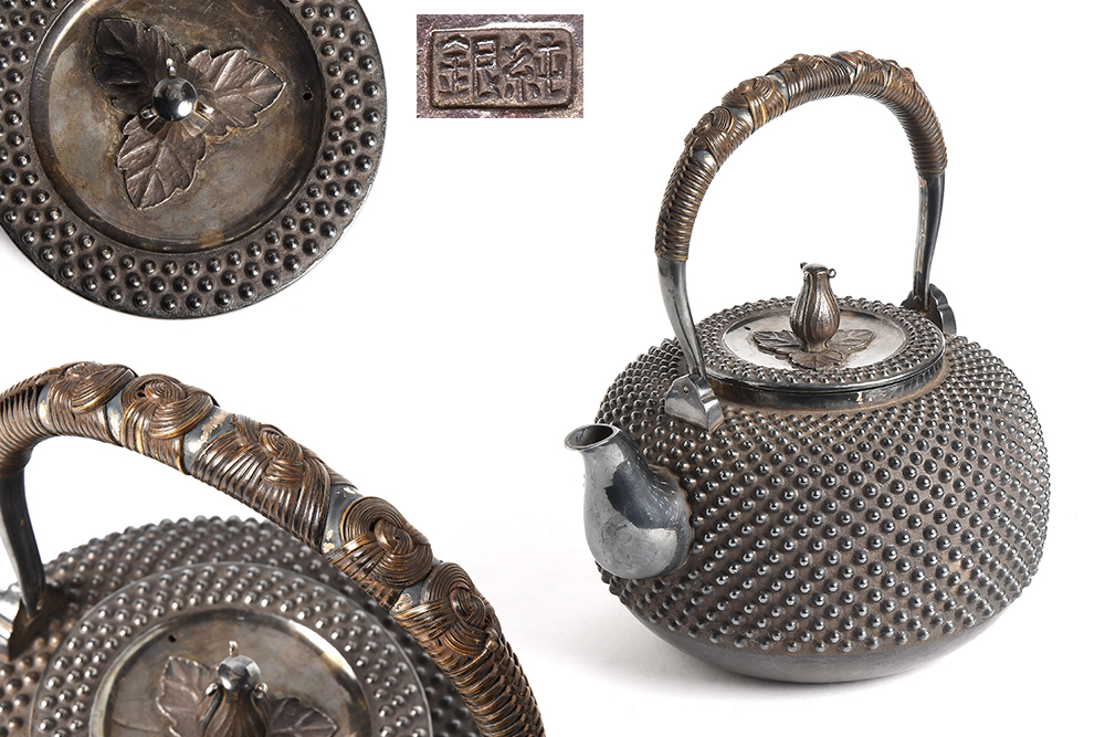 【夢工房】純銀花蕾摘玉霰竹巻提手銀瓶　829ｇ　箱入　石-2_1