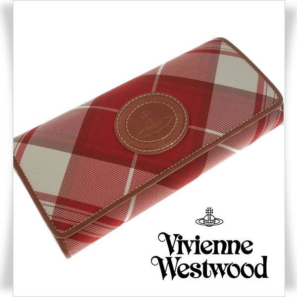 新品★Vivienne Westwood ヴィヴィアンウエストウッド 正規店本物 チェック オーブ 牛革 本革レザー 二つ折り長財布 赤 ◆3124◆