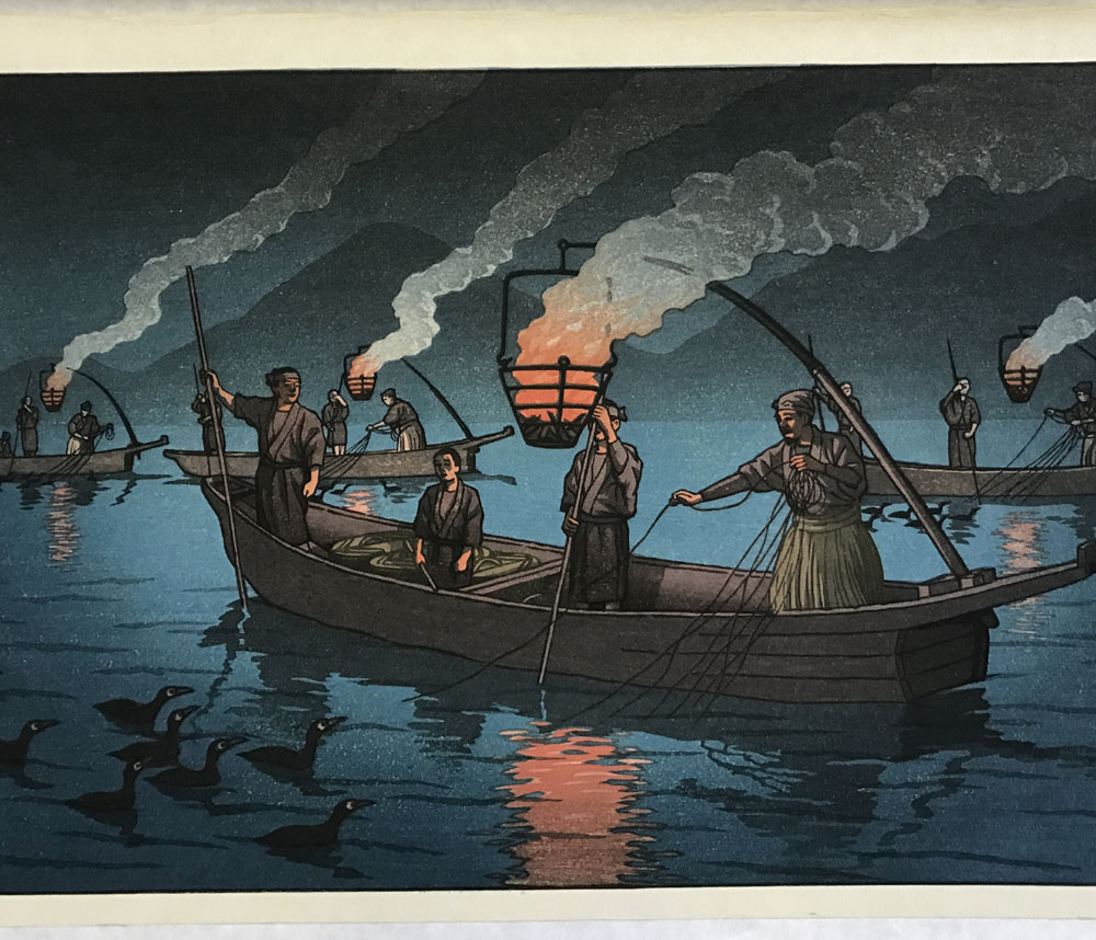 川瀬巴水「風景木版画二撰 鵜飼 長良川 」昭和29年作・限定木版画（優