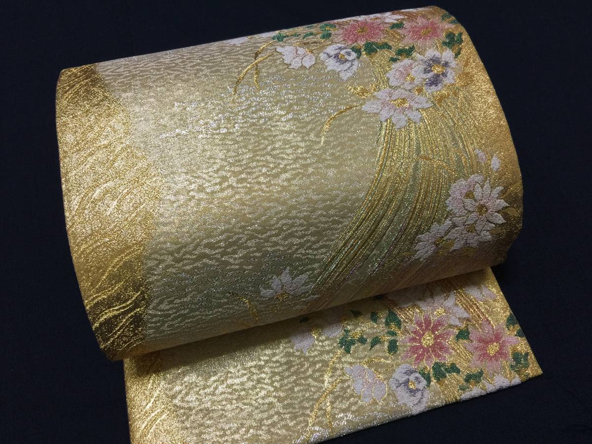 ◇やまと誂製◇袋帯 ゴールド地 縦曲線に花柄 逸品 【公式通販】