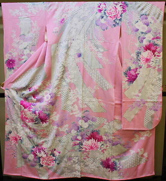 凛々】28K 中古品正絹振袖ピンク百花模様1円スタート裄66 凛々28K