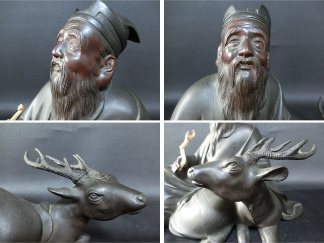 金工師 徳光造 遊三犬 置物(K-XA873) 近】明治期 金工師 徳光造 本珊瑚如意持古銅製鹿仙人像 22cm4722g