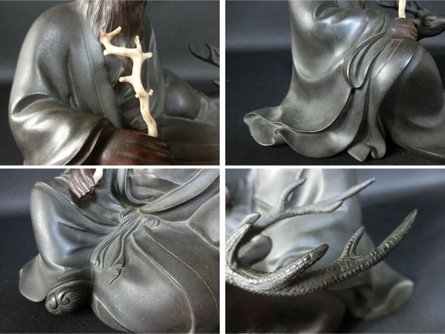 近】明治期 金工師 徳光造 本珊瑚如意持古銅製鹿仙人像 22cm4722g
